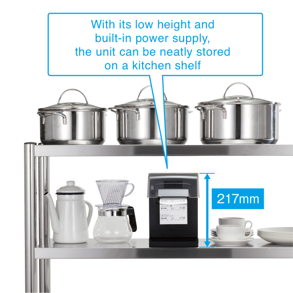 With its low height and built-in power supply, the unit can be neatly stored on a kitchen shelf