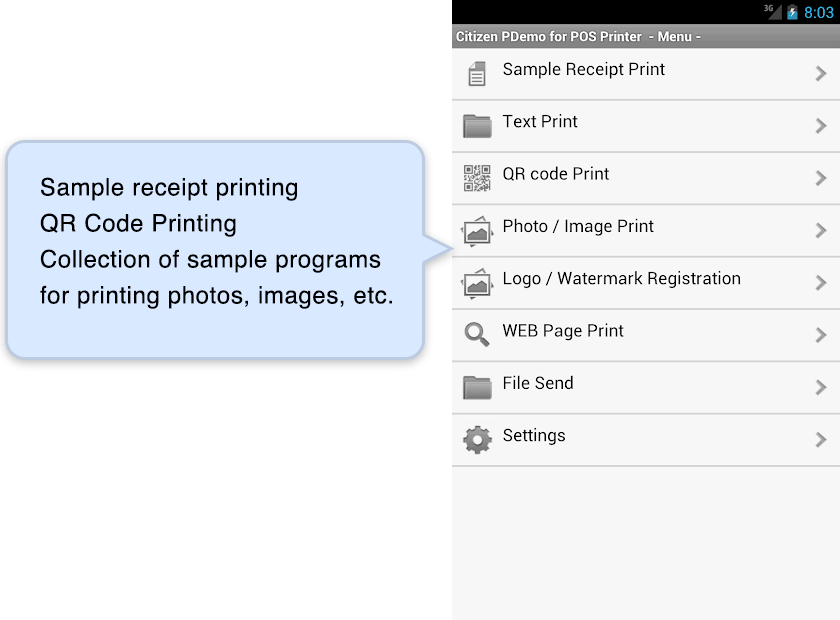 Sample receipt printing, QR Code Printing, Collection of sample programs for printing photos, images, etc.