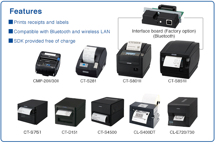 Features: Prints receipts and labels, too | Compatible with Bluetooth and wireless LAN | SDK provided free of charge