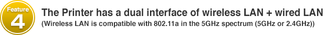 Feature #4 The Printer has a dual interface of wireless LAN + wired LAN (Wireless LAN is compatible with 802.11a in the 5GHz spectrum (5GHz or 2.4GHz))