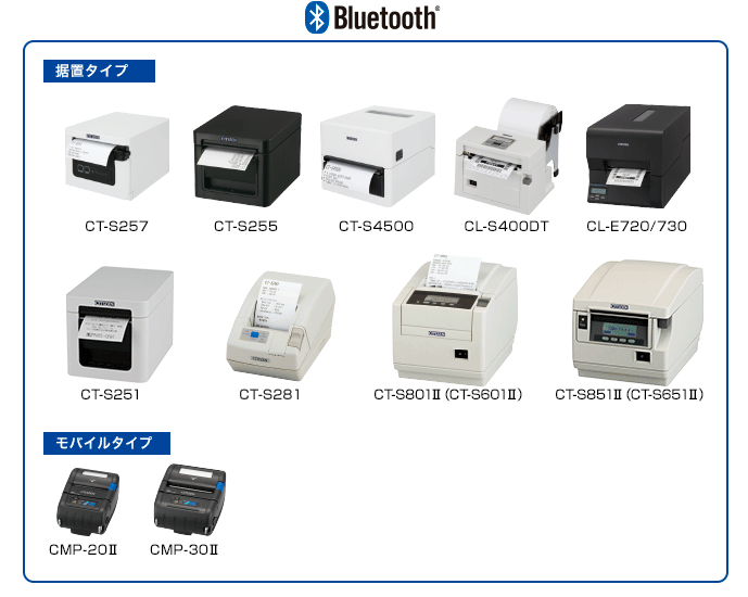 Bluetooth／据置タイプ：CT-S251、CT-S281、CT-S801II、CT-S601II、CT-S851II、CT-S651II　モバイルタイプ：CMP-20II、CMP-30II