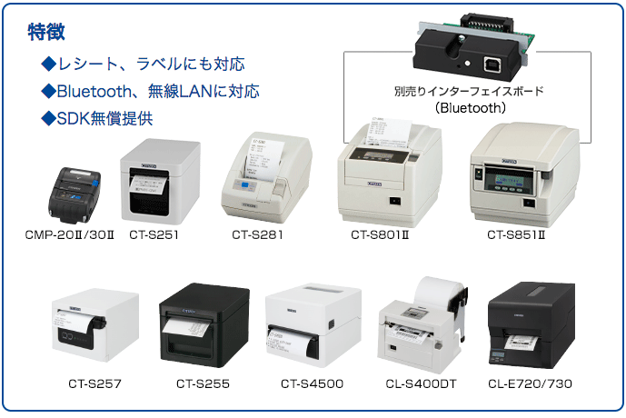 特徴／■レシート、ラベルにも対応、■Bluetooth、無線LANに対応、■SDK無償提供